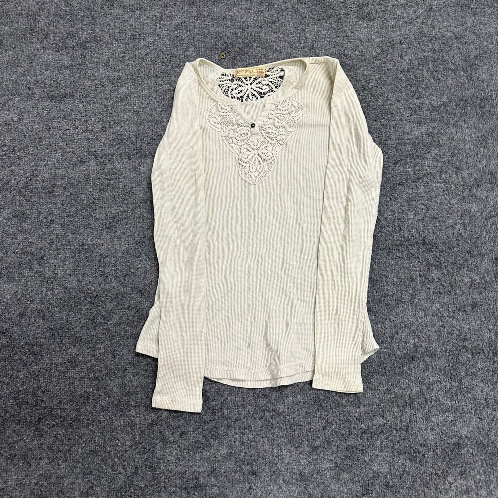 Faded Glory Thermal Top Womens M Cream Waffle Knit Lace Crochet Henley Casual